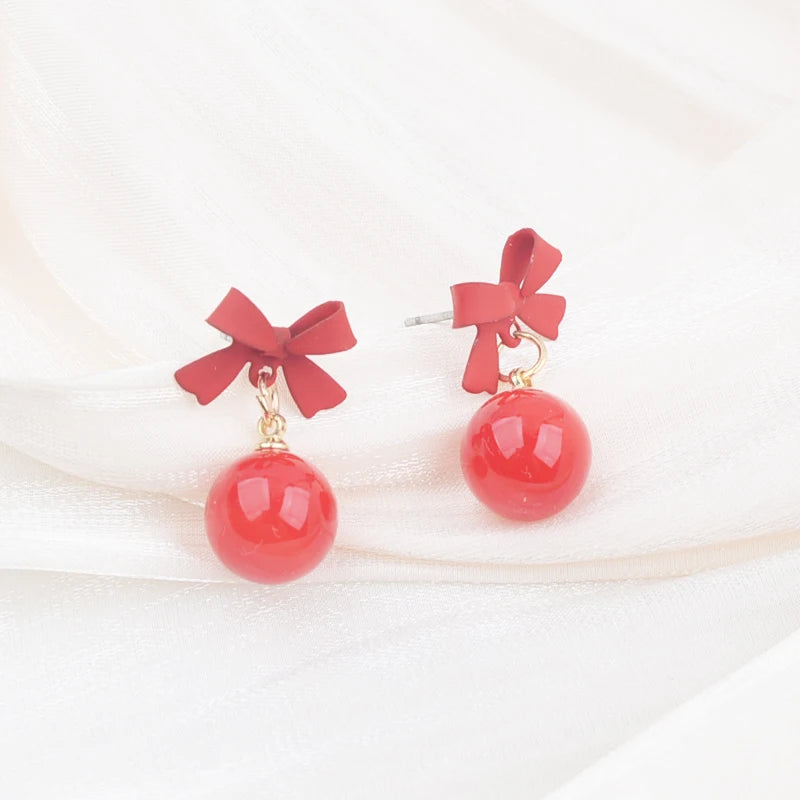 Red Black Bow Knot Drop Earrings for Women Elegant Party White Round Imitation Pearl Dangle Earrings Geometry Party Jewelry Gift