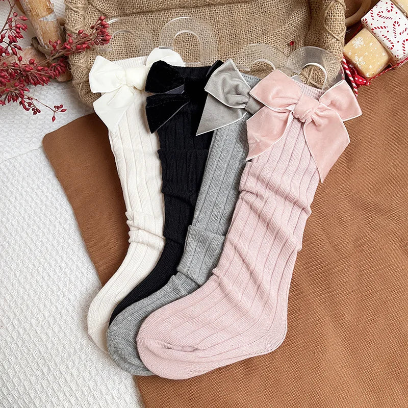 New 1-8 Years Baby Girls Socks Velvet Bows Knee High Long Soft Cotton Todders Socks Children Princess Spring Autumn Tube Socks