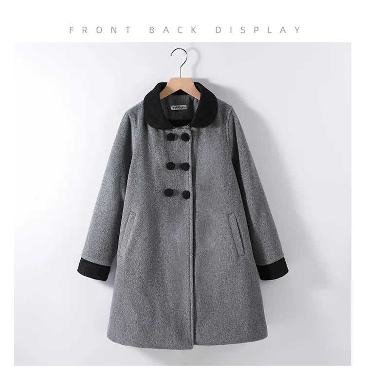 Winter Girls Wool Coat Long Double-faced Tweed Overcoat for Kids Fashion Casual Grey 10 12 14 Years Teenage Children Outerwear