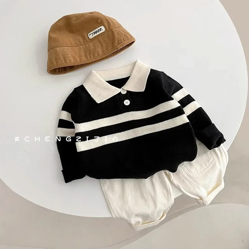 2023 New Korean Style Spring Autumn Children's Sweater Boys Girls Two-piece Button Striped Lapel Knitted Top Casual Fit Stylish