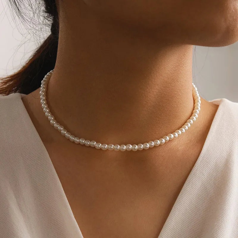 New Elegant Vintage Simple 6MM Pearl Chain Choker Necklace for Women Wedding Pendant Necklace Fashion Jewelry Wholesale