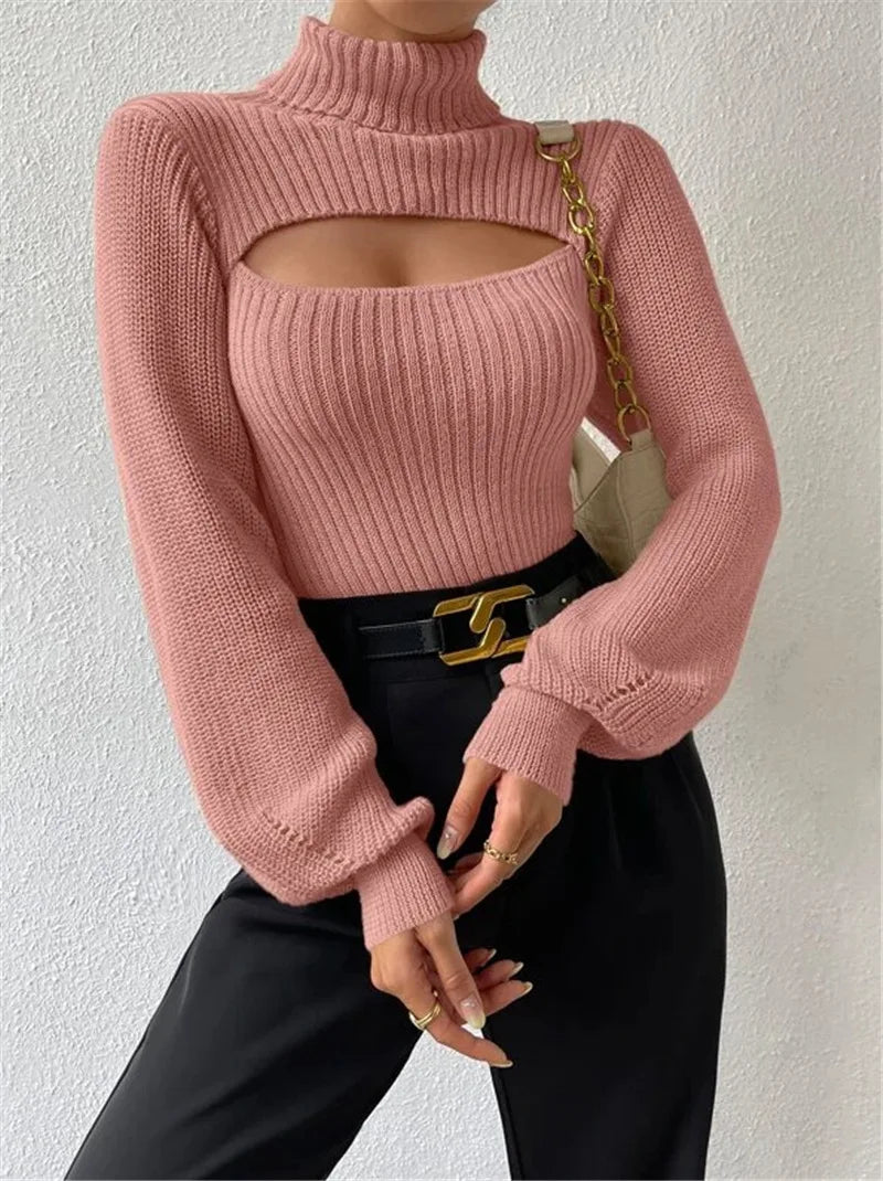 Chest Hollowed-out Sexy Sweater Design Sexy Loose Matching Sweater Fall Winter Turtleneck Hollowed-out Sweater Women Wear Top