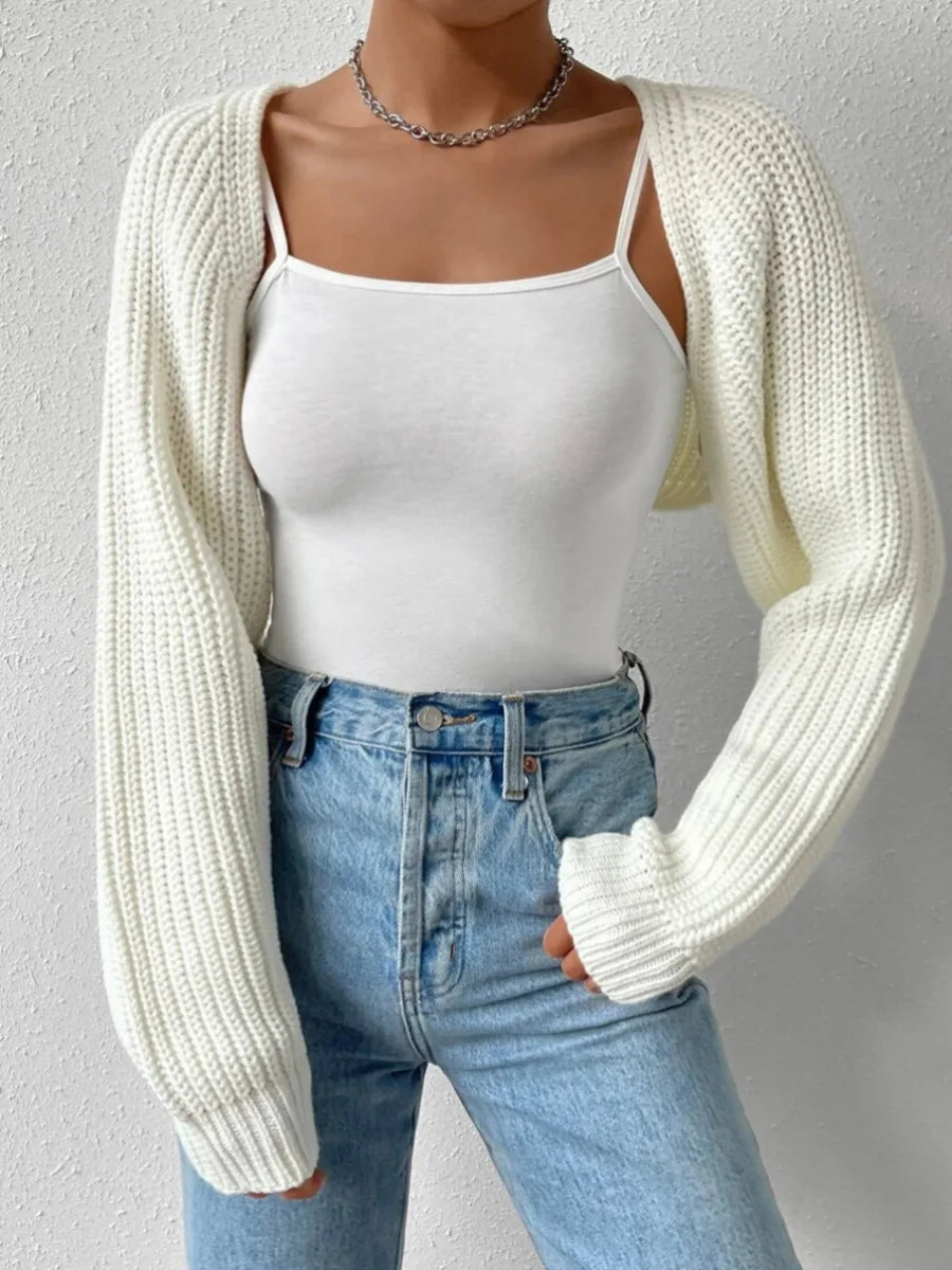 Women Spring Fall Ribbed Knit Sweater Cardigan V-Neck Long Sleeve Solid Cropped Shrug Sweater Bolero Tops Casual Outerwear