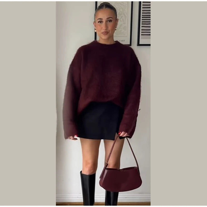 Casual Brown O-Neck knitted Cashmere Pullover Women Fashion Full Sleeve Loose Commute Jumper 2024 Autumn Lady Street Outerwears