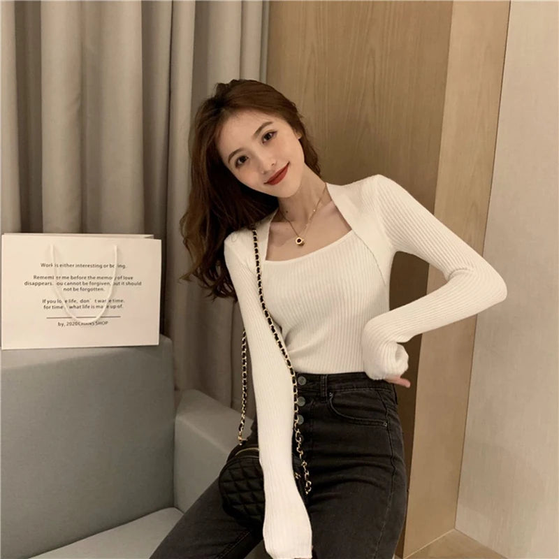 Zoki Women Pullover Sweater Autumn Long Sleeve Pullover Basic Top Fashion Elastic Female Winter Solid Knitted Jumper