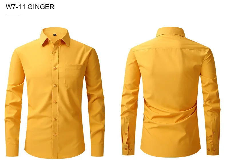 Orange Mens Dress Shirts 2023 Autumn New Regular Fit Stretch Shirt Men Long Sleeve Wrinkle-Free Easy Care Shirt Male Chemise Him