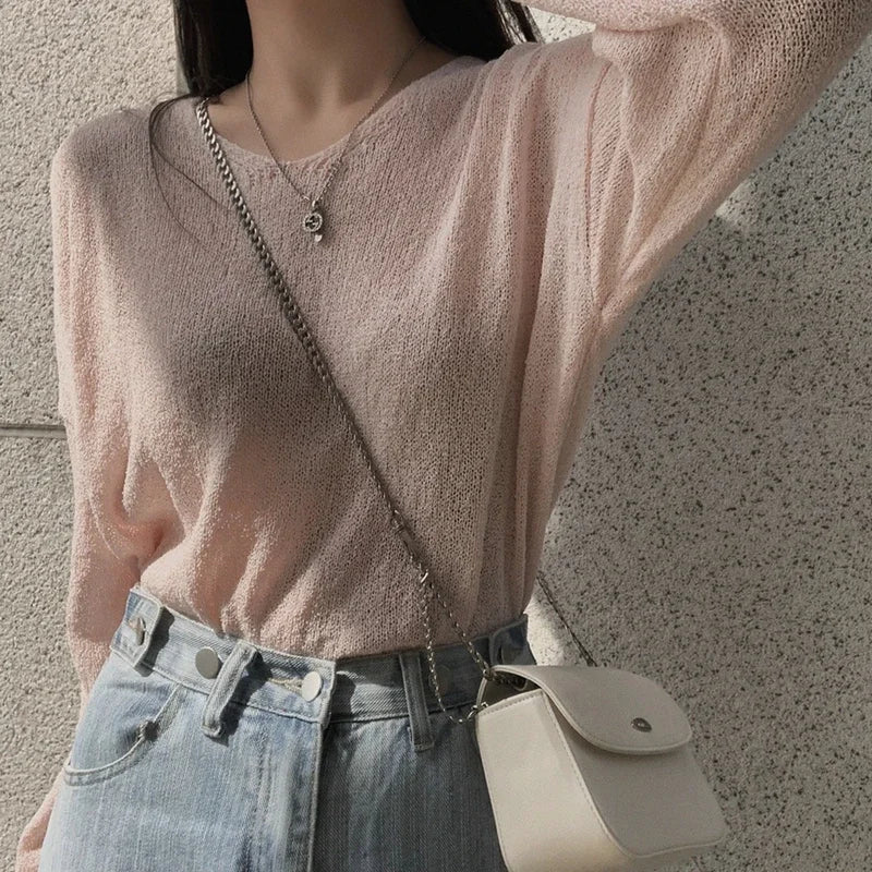 ITOOLIN Women V-Neck Loose Knitted Sweaters Long Sleeve Solid Casual Pullovers Sweater Women Streetwear Spring Autumn 2024