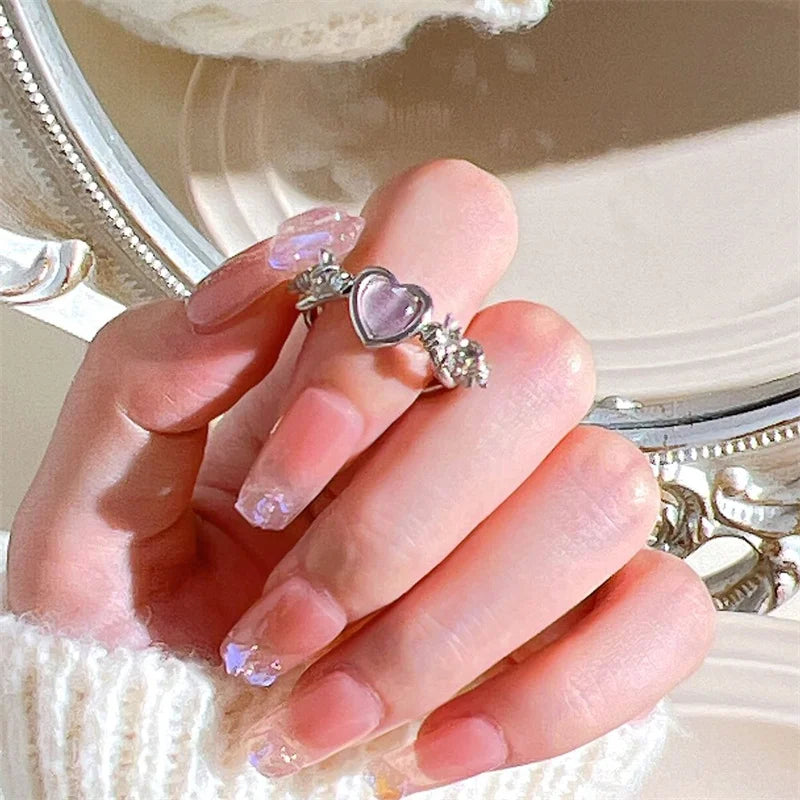 3pcs Fashion Love Heart Zircon Open Rings Set for Women Gothic Sweet Girls Geometric Finger Rings Y2K Party Jewelry Accessories