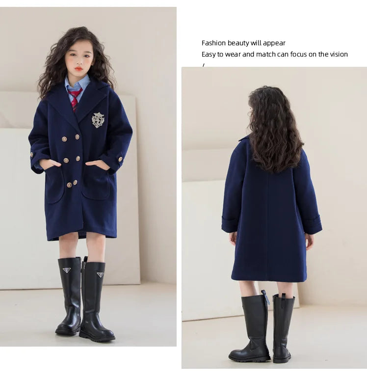 Winter Girls Wool Coat Long Double-faced Tweed Overcoat for Kids Fashion Casual Grey 10 12 14 Years Teenage Children Outerwear