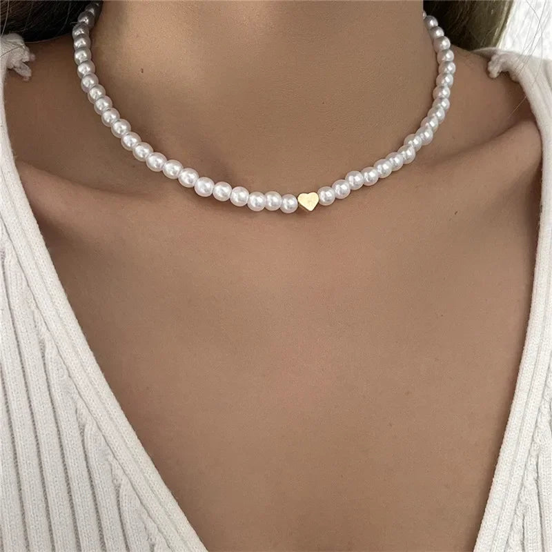 Trendy Love Heart Pearl Choker Necklace Female Personality Party Fashion Clavicle Collier Accessories Collar Gift Women Earrings