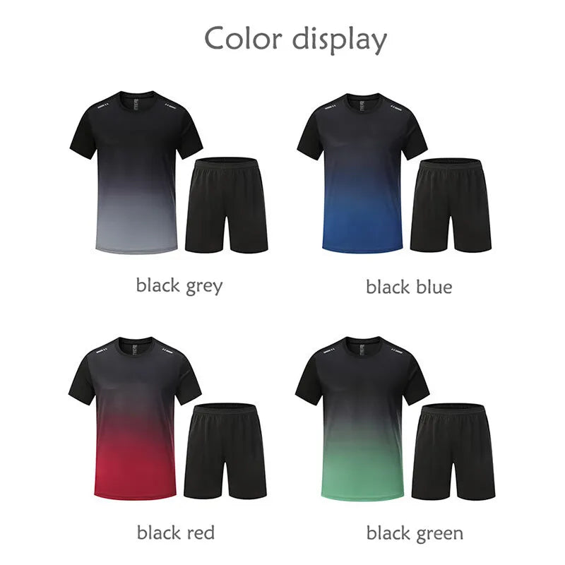 Adult Gradient Color Quick Dry Two-piece Fitness Sport Suit Set Breathable Loose Running Gym Workout Shorts T-Shirt MM717