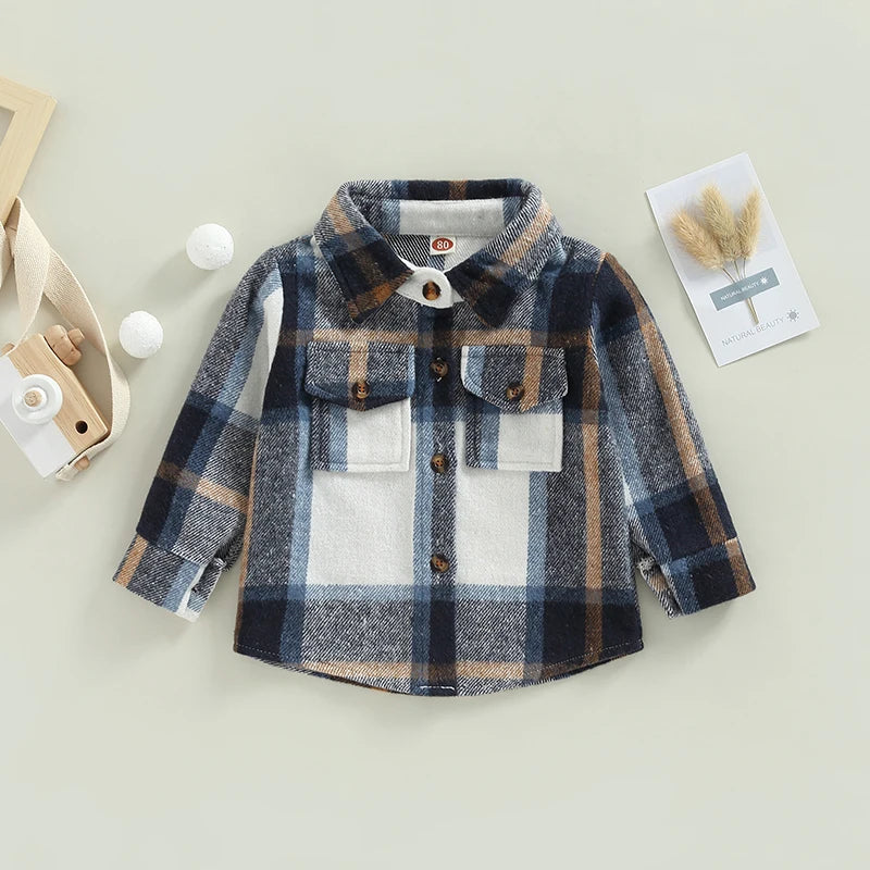 2022-08-23 Lioraitiin 0-4Years Kids Baby Girl Boy Plaid Shirt Jacket Casual Lapel Long Sleeve Button Up Cardigan Jacket Coat