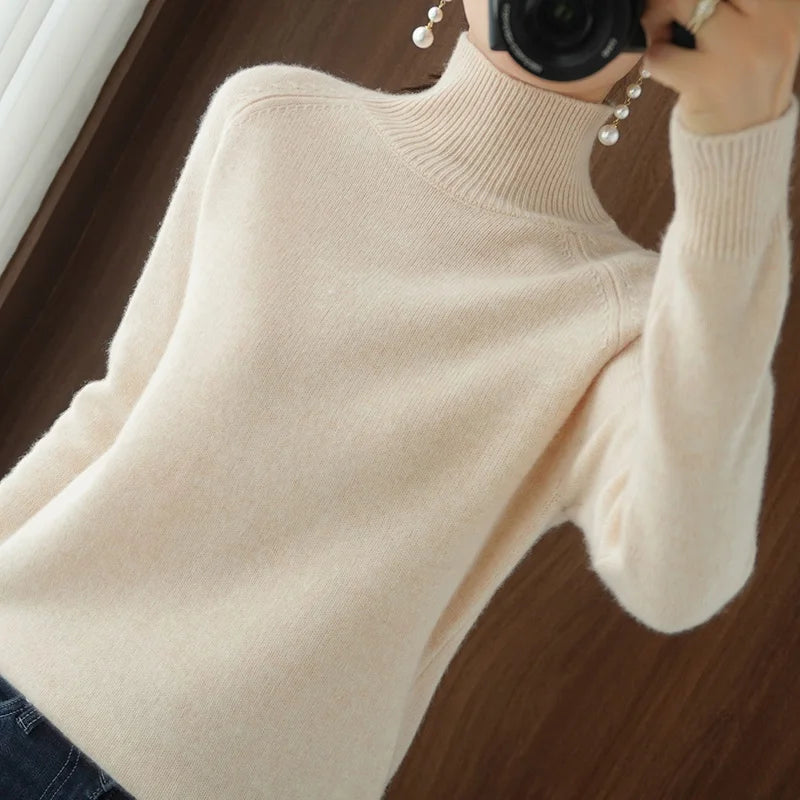 Turtleneck Merino Wool Pullover Basic Casual Cashmere Sweater Comfort Autumn Winter Women's Raglan Sleeve Clothing Tops