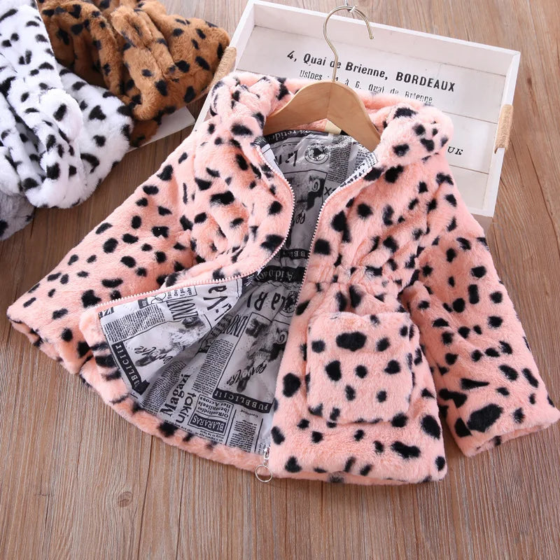 Autumn Winter Plush Baby Girls Jacket Fashion Leopard Print Warm Faux Fur Coat For Girls Hooded Outerwear 2-8 Years Kids Clothes