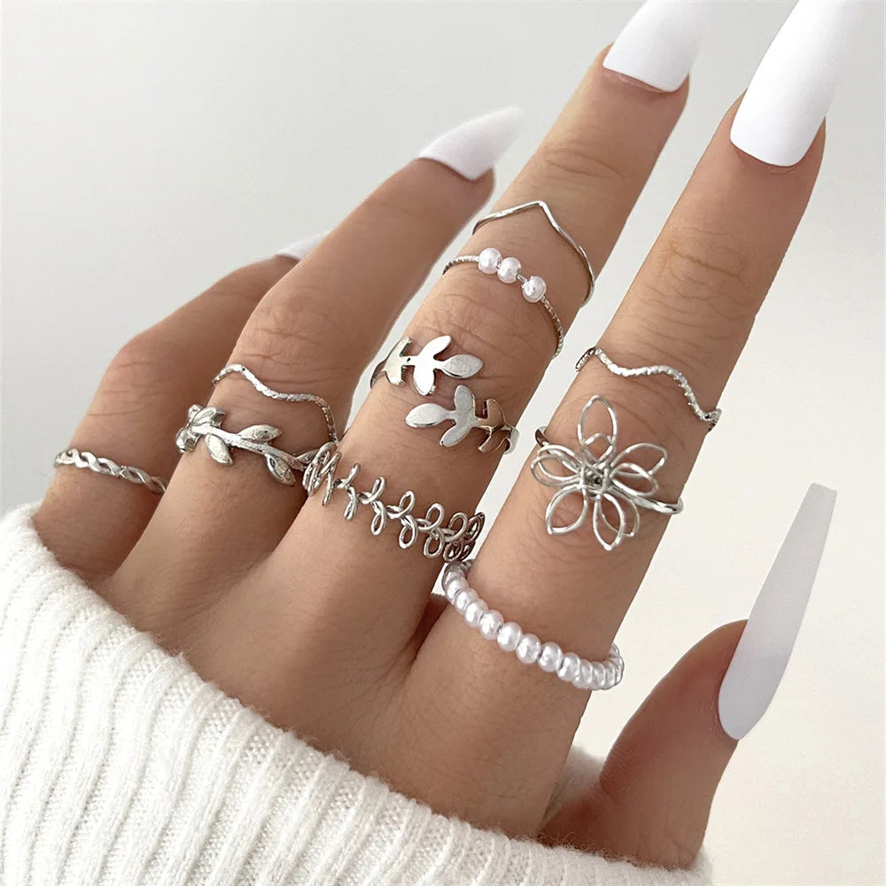 LATS 10Pcs Rings Suit For Women Silver-color Chain Ring Set Bohemian Style Coin Snake Moon Star Party Trend Gift Jewelry