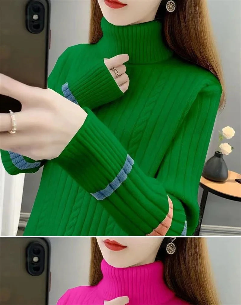 2023 Autumn Winter Women Turtleneck Sweater Soft Pullovers Loose Warm Elasticity Long Sleeved Knitted Sweater Jumper Female Tops