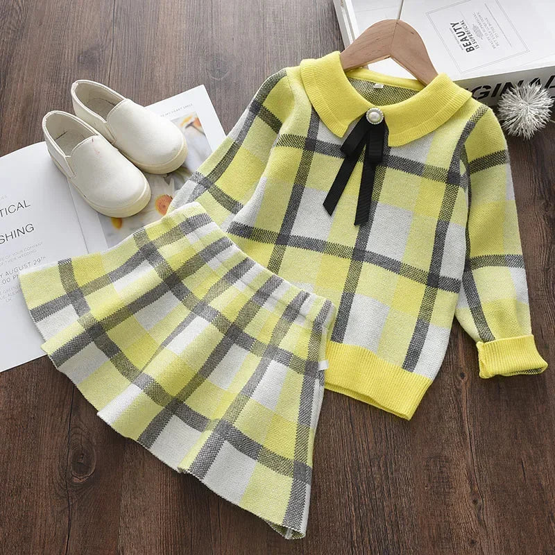 Bear Leader Winter Princess Outfits Girls Plaid Cute Clothing Sets Fashion Kids Baby Knitted Sweaters with Bow Ruffles Skirt