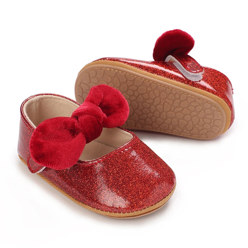 Spring and Autumn Girl Baby Shoes Classic Fashion Red Theme Cute Bow Princess Shoes Rubber Sole Anti slip Comfortable Walking Sh