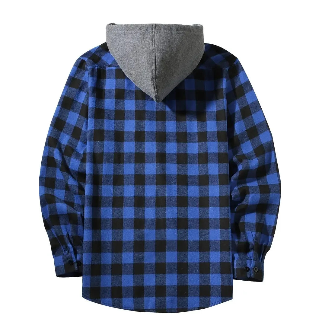 Spring Autumn Men's Hoodies Shirts Classic Plaid Casual Button Down Hooded Long Sleeved Double Pockets Shirt Flannel Jacket Tops