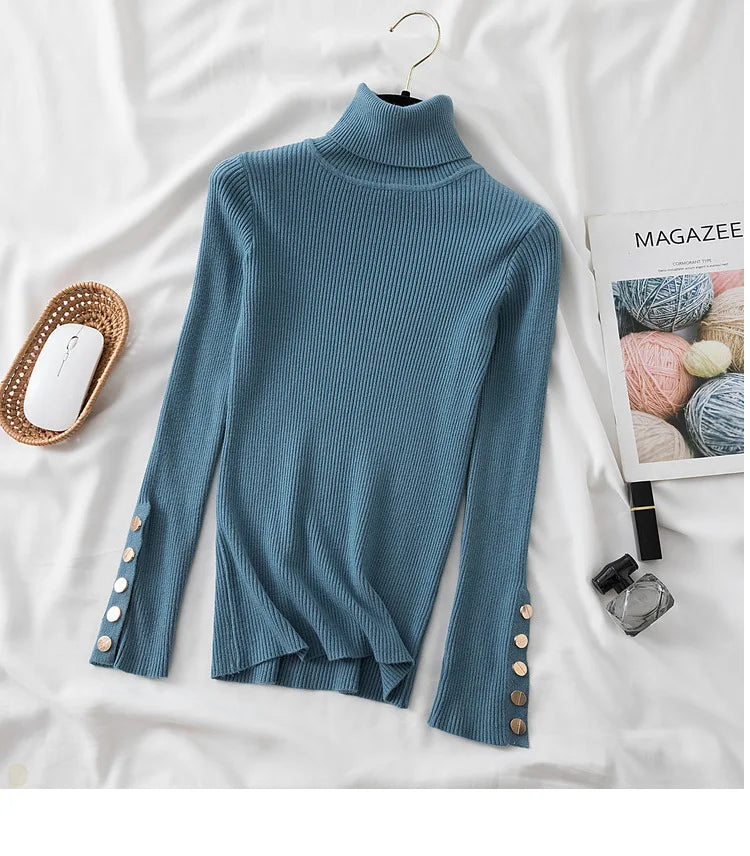 Thick Sweater Pullovers Long Sleeve Tops Women Autumn Winter Clothes Slim Knit Soft Jumper Streetwear Button Turtleneck Sweater