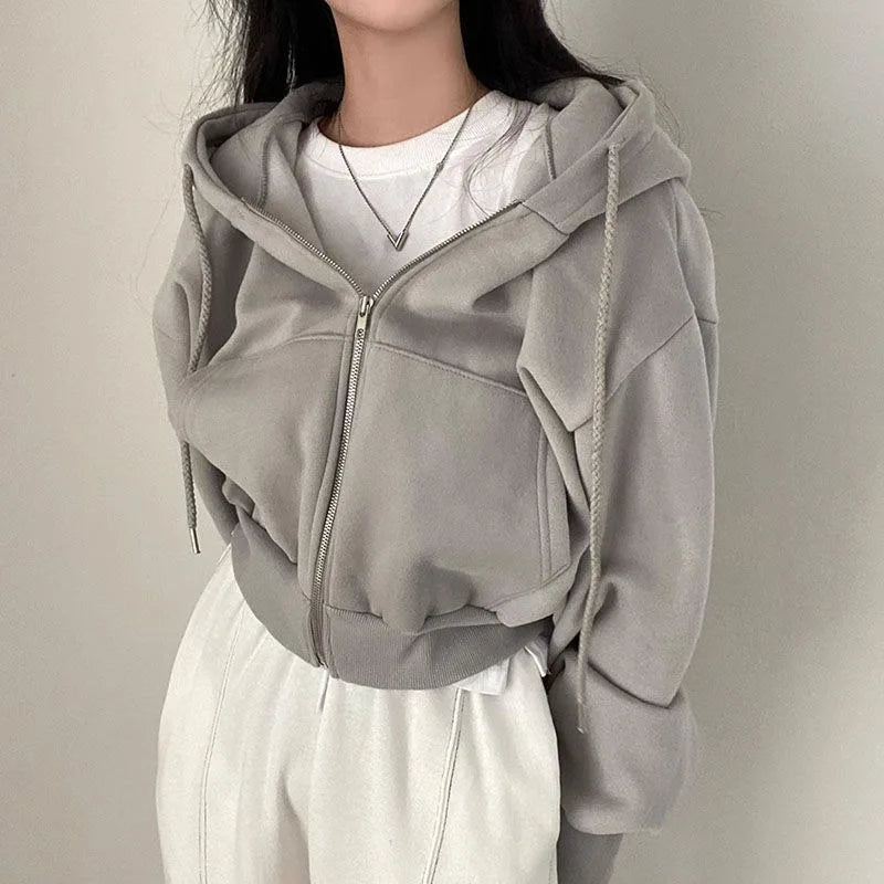 Fashion Zipper Hood Sweatshirt Women Autumn Long Sleeve Crop Tops Casual Y2K Hoodies Streetwear Harajuku Female Jackets Coats