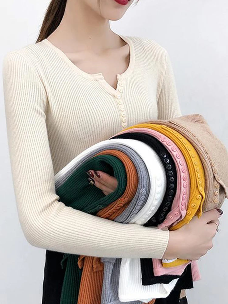 Autumn Winter Button V Neck Sweater Women Basic Solid Slim Pullover Women Sweaters Knitted Casual Jumper Ladies Tops