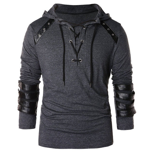 Adult Men Medieval T-shirt Gothic Steampunk Sweatshirt Lace Up Long Sleeve Pullover Hooded Tee Halloween Shirts Tops chemise