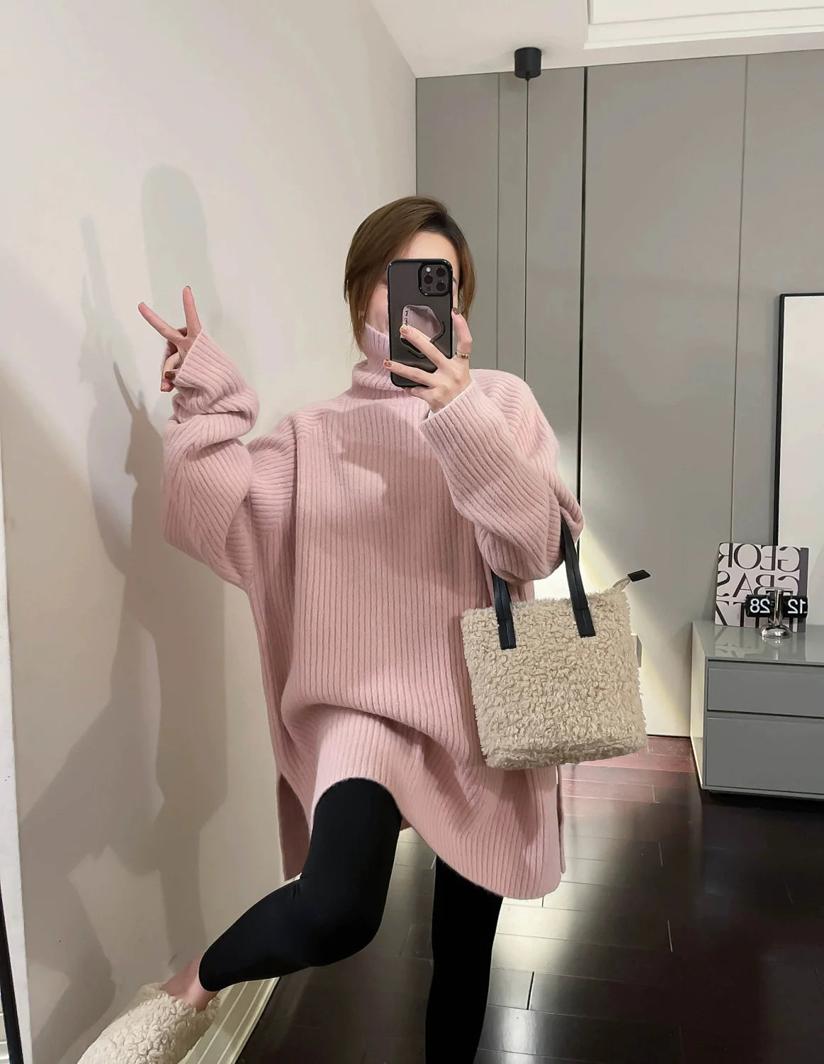 Women Simple Casual Oversized Turtleneck Knitted Sweater 2023 Autumn Winter Trendy Split Long Sleeve Pullover Tunic Tops Jumpers