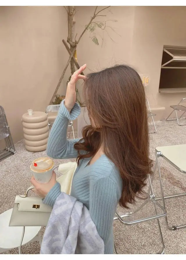 Women Clothing Fashion Chic V-Neck Knitted Top Spring Autumn Hanging Neck Design Knitwear Lady Commute Soft Comfort Pullover