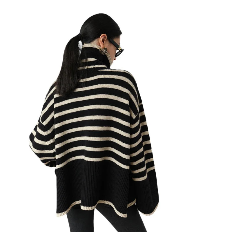 Women's Striped Turtleneck Sweater2023New Autumn and Winter Loose Design Niche Knitwear Pullover Coat