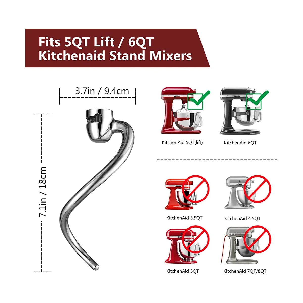 Dough Hook for Kitchenaid 5QT Lift and 6QT Stand Mixer, Mixer Dough Attachment, Dishwasher Safe