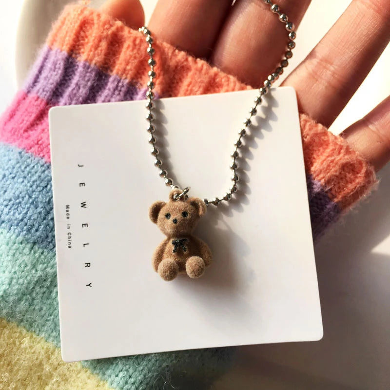 Sweet Cute Plush Bear Pendant Necklace For Girls Women Korean Style Fashion Bear Long Sweater Neck Chain Collar Jewelry