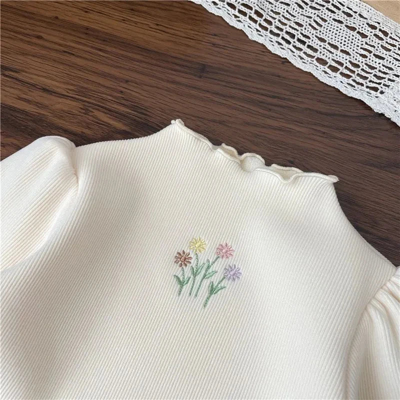 Baby Girls Top Winter Kids Warm Thickening Sweater Children Puff Sleeve Flower Embroidery Bottom Shirt 1-6 Years Casual Clothing