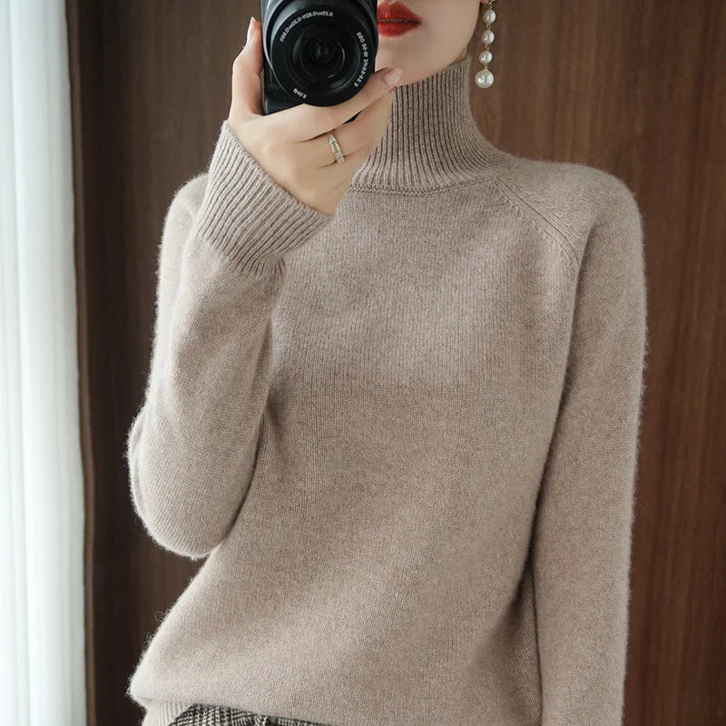 Turtleneck Merino Wool Pullover Basic Casual Cashmere Sweater Comfort Autumn Winter Women's Raglan Sleeve Clothing Tops