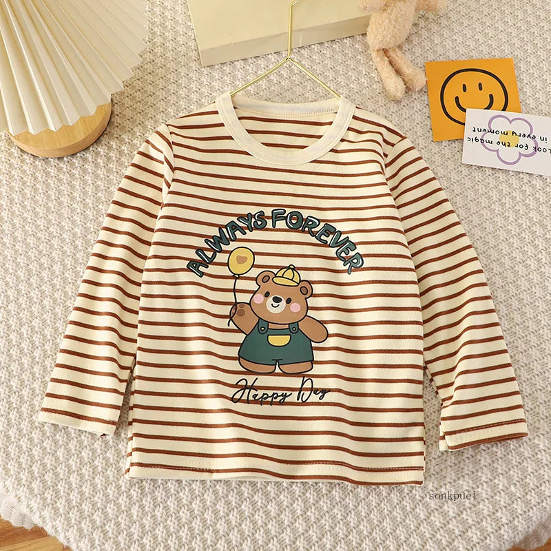 Baby Striped Shirt Autumn Winter Costume Child Boys Girls Cartoon Casual Loose Long-sleeved Tops Underwear