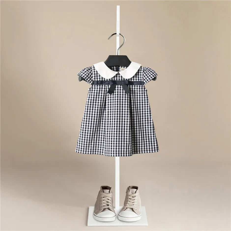 Baby Girls Clothes Summer Dress Flying Sleeve Newborn Infant Dresses Cotton Plaid Dress Headband Toddler Dresses for Baby Girls