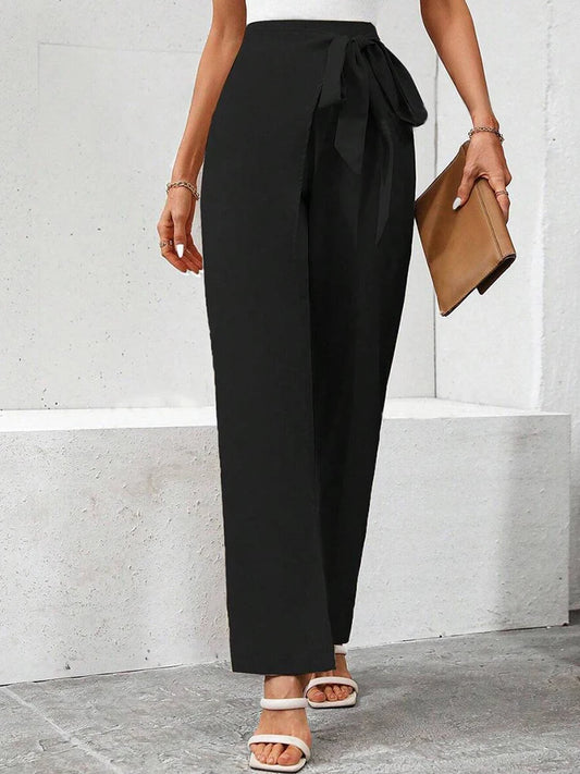 Women's Spring Autumn New Fashion Elegant Solid Color Pocket Elastic Bow Casual High Waist Loose Wide Leg Straight  Long Pants