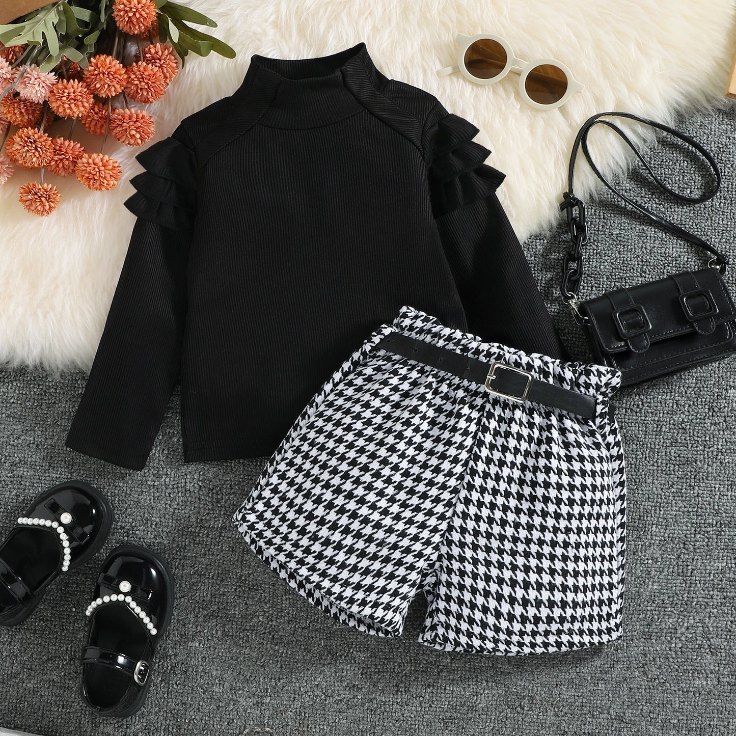 3PCS Autumn New Style 1-5 Year Old Girl Baby Fashionable Casual High-Neck Solid Color Top + Houndstooth Shorts Set