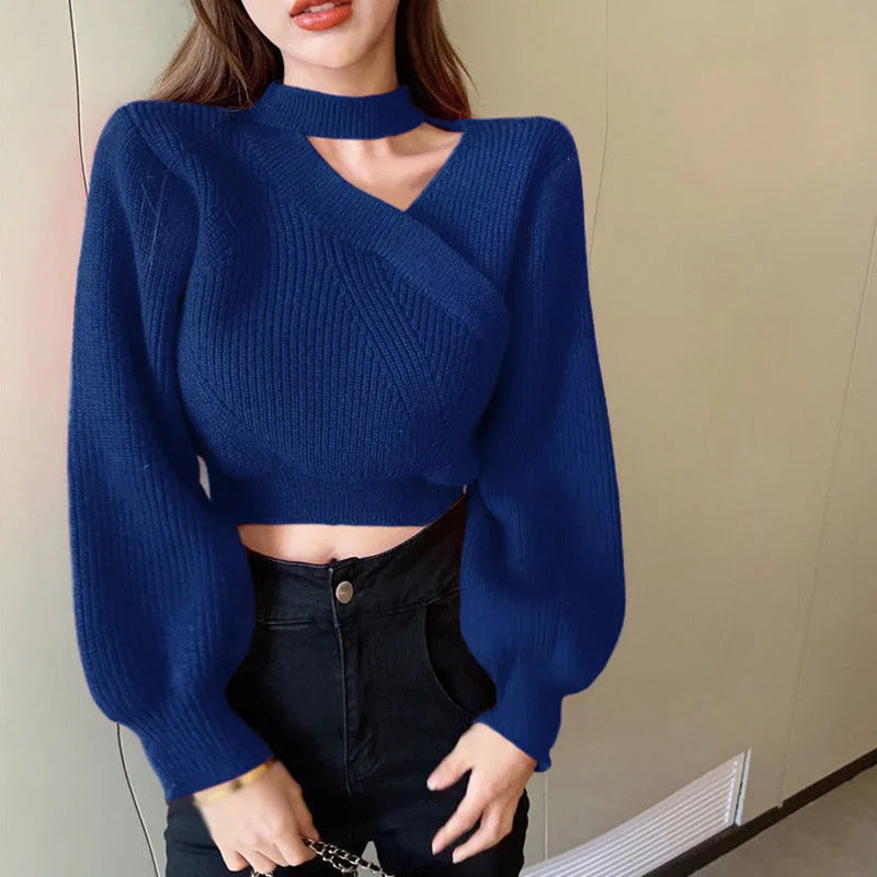 Women's Neck Hanging Solid Sweater Warm Pullover Sweater V-neck Cross Neck Off Shoulder Knitwear Tops