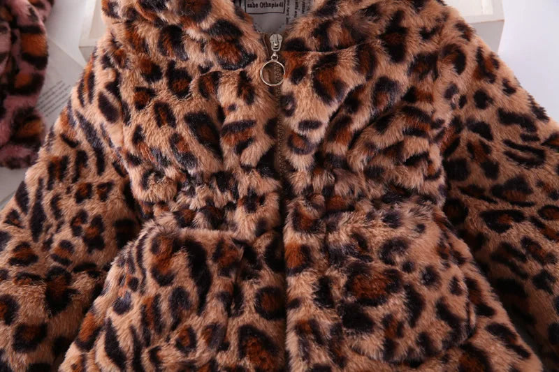 Autumn Winter Plush Baby Girls Jacket Fashion Leopard Print Warm Faux Fur Coat For Girls Hooded Outerwear 2-8 Years Kids Clothes