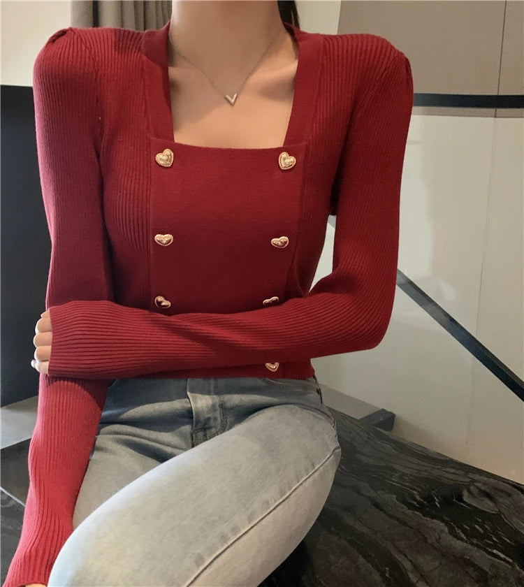 Short Square Collar Crop Top Knitted Sweater Women Korean Clothes Love Button Long Sleeve Sweaters 2022 Autumn Winter Pullover