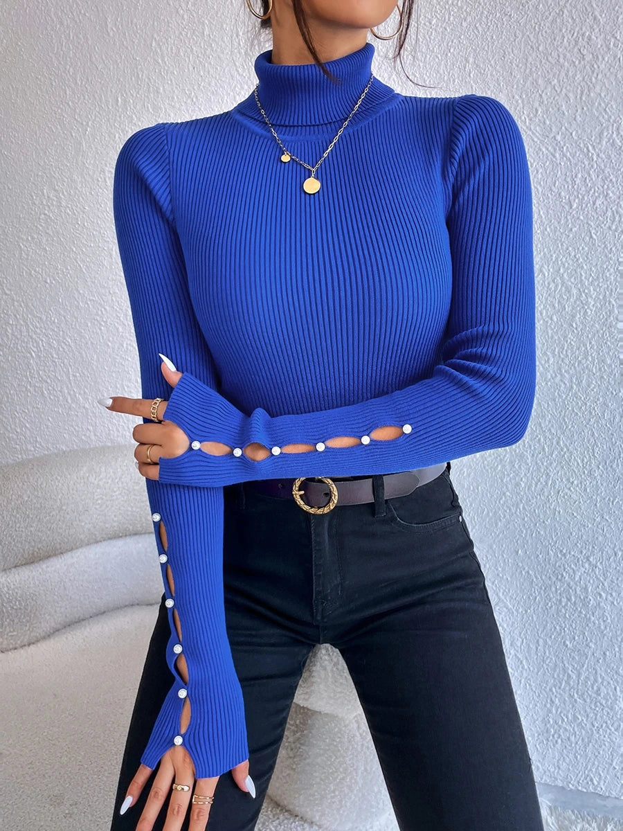 New Autumn Winter Women Fold Turtleneck Long Cut out Pearls Sleeve Pull Sweater Casual Rib-Knit Jumper Tops Female Y2K Clothing