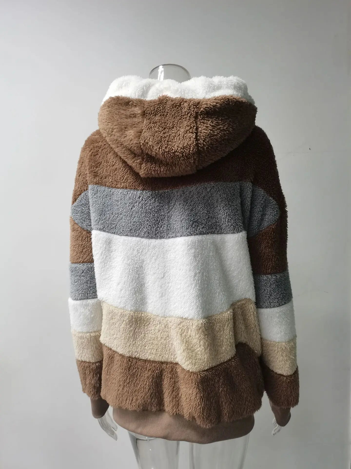 Women Striped Patchwork Fleece Hoodie Coat Autumn Winter Long Lantern Sleeve Loose Cardigan Hoodie Sweatshirt Coats