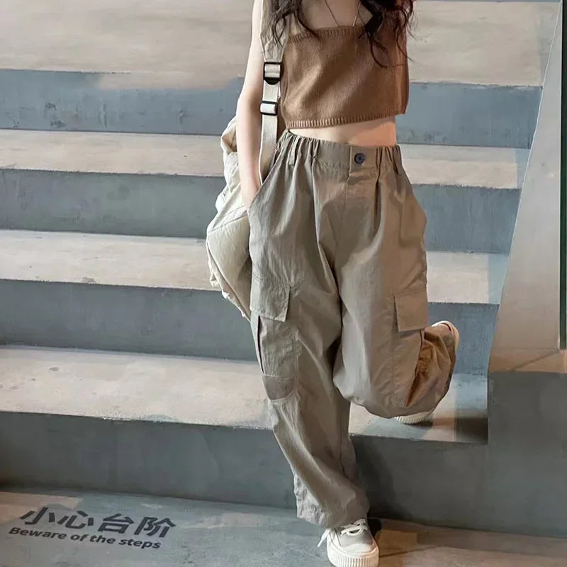 Teen Girls Cargo Pants Children Fashion Casual Pockets Design Loose Trousers Kids Sweatpants Streetwear Pants Trendy Cool  5-14Y