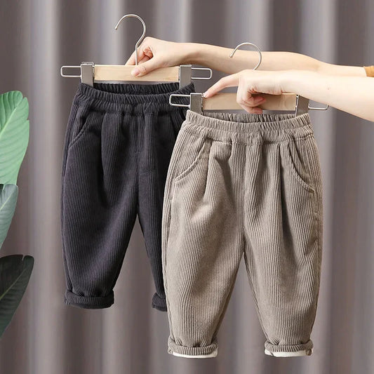 Boys' Plush Corduroy Pants for Winter Wear 2024 New Children Integrated Velvet Warm Pants for Boy Autumn with Plush Outer Wear