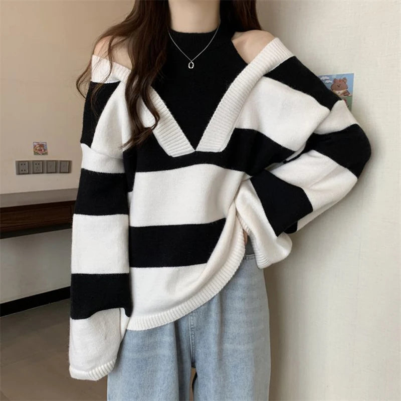 Y2K Stripe Halter Women Sweaters Korean Knitted Loose Patchwork Female Pullovers Autumn Preppy Style All Match Chic Ladies Tops