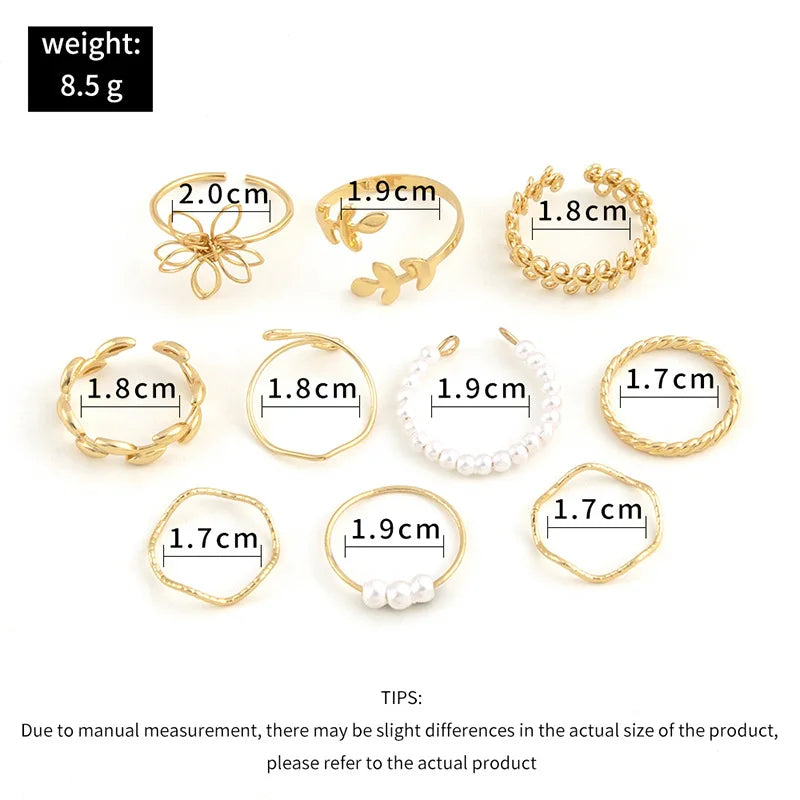 Bohemian style hollow flower set ring simple glossy leaf vine imitation pearl ring 10-piece set