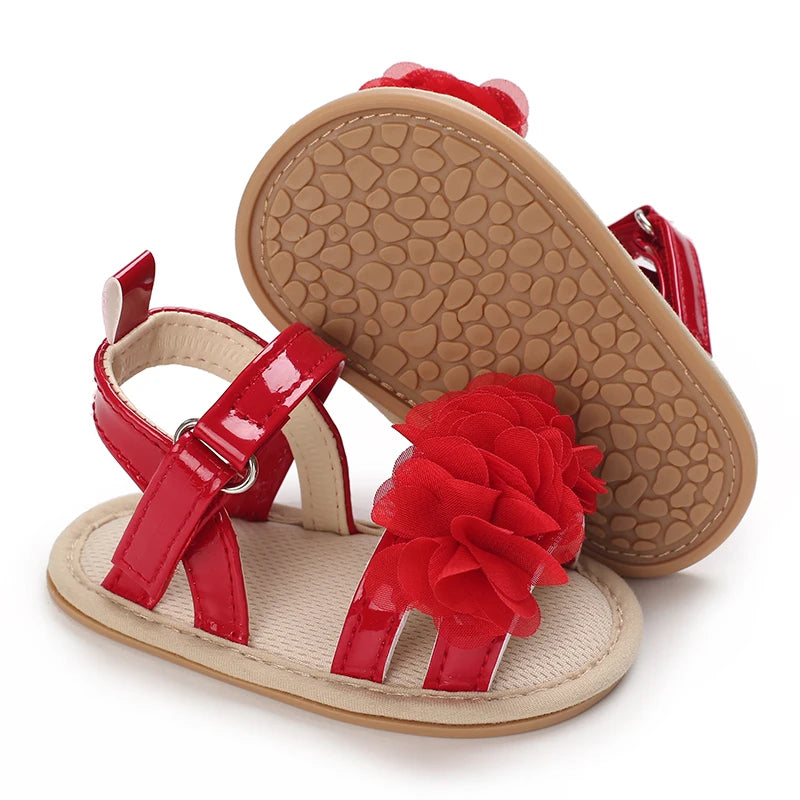 Summer baby girl sandals red festive and cute flower baby shoes soft rubber soles comfortable and casual baby walking shoes