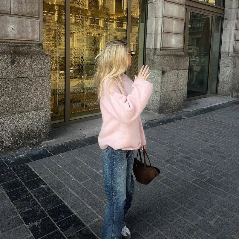 Casual Brown O-Neck knitted Cashmere Pullover Women Fashion Full Sleeve Loose Commute Jumper 2024 Autumn Lady Street Outerwears