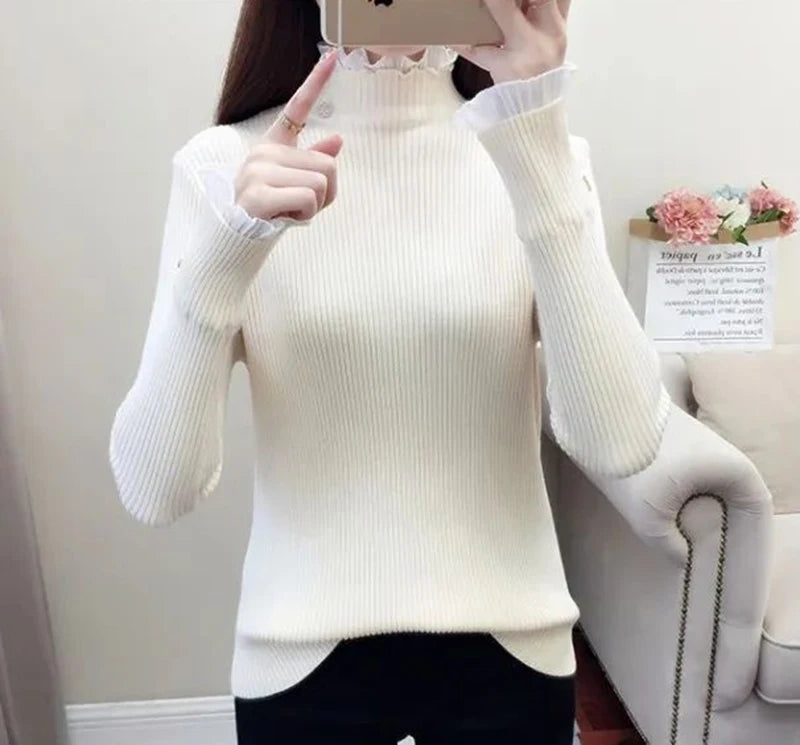 Y2k Turtleneck Women Sweaters Korean Lace Patchwork Female Warm Pullovers Autumn Elegant Chic Flare Sleeve Ladies Casual Tops